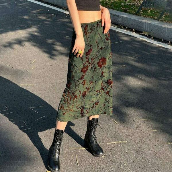 Y2K Vintage Green Floral Print Long Skirt for Women - Streetwear Grunge Fashion Gothic Aesthetic