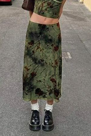 Y2K Vintage Green Floral Print Long Skirt for Women - Streetwear Grunge Fashion Gothic Aesthetic