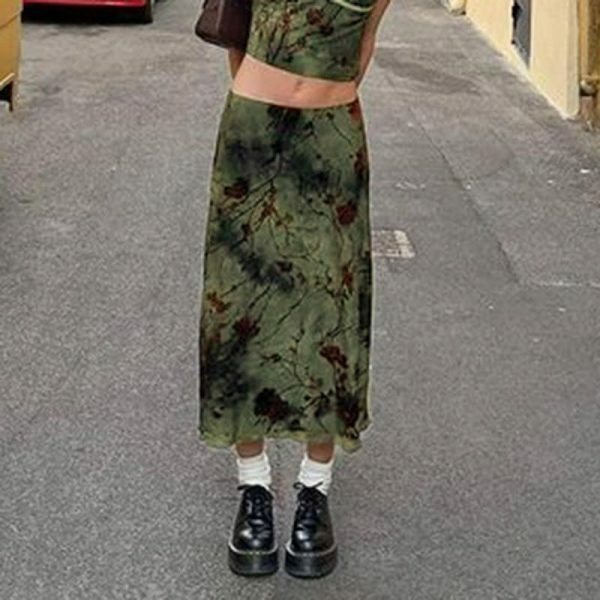 Y2K Vintage Green Floral Print Long Skirt for Women - Streetwear Grunge Fashion Gothic Aesthetic