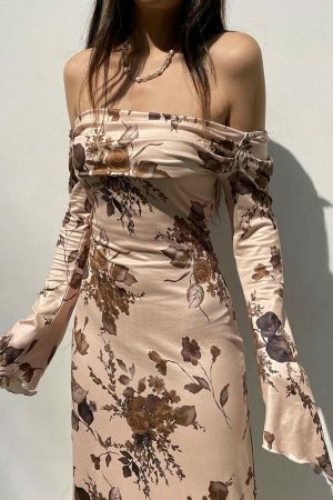 Y2K Vintage Grunge Fairycore Print Long Sleeve Midi Dress