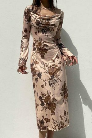 Y2K Vintage Grunge Fairycore Print Long Sleeve Midi Dress