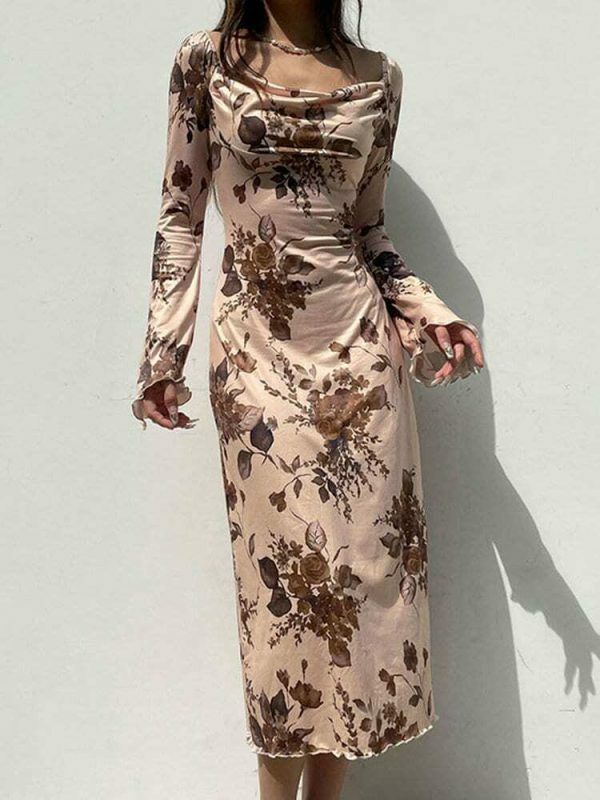 Y2K Vintage Grunge Fairycore Print Long Sleeve Midi Dress