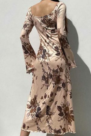 Y2K Vintage Grunge Fairycore Print Long Sleeve Midi Dress