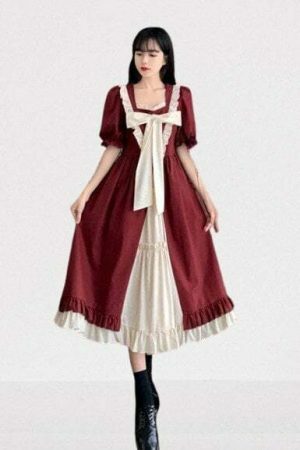 Y2K Vintage Japanese A-Line Dress with Puff Sleeves for Women