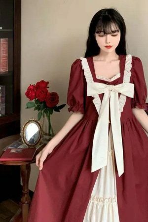 Y2K Vintage Japanese A-Line Dress with Puff Sleeves for Women