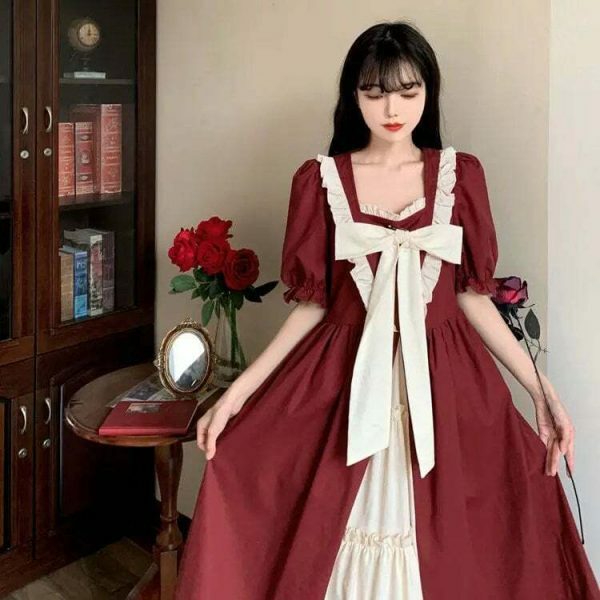 Y2K Vintage Japanese A-Line Dress with Puff Sleeves for Women