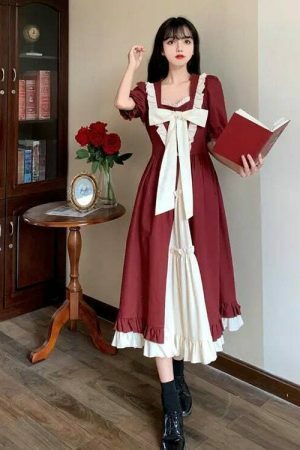 Y2K Vintage Japanese A-Line Dress with Puff Sleeves for Women