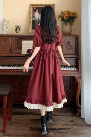 Y2K Vintage Japanese A-Line Dress with Puff Sleeves for Women