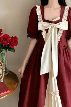 Y2K Vintage Japanese A-Line Dress with Puff Sleeves for Women