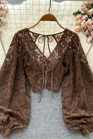 Y2K Vintage Lace Blouse with Lantern Sleeves