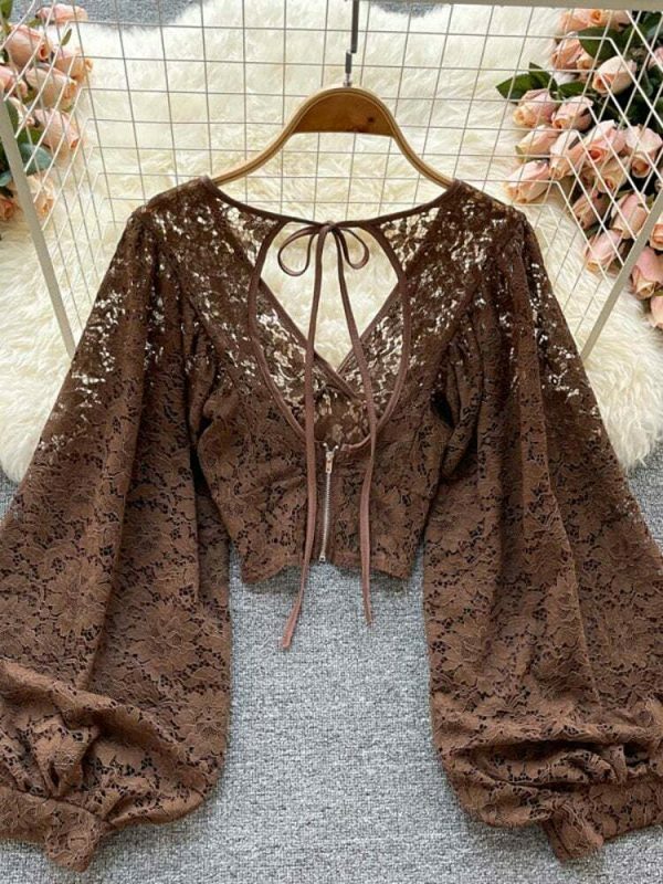 Y2K Vintage Lace Blouse with Lantern Sleeves