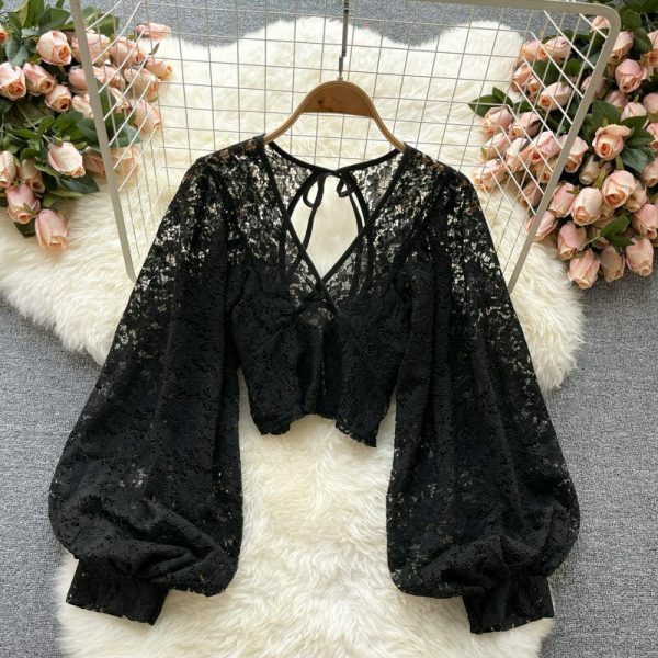 Y2K Vintage Lace Blouse with Lantern Sleeves