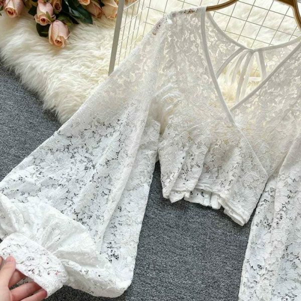 Y2K Vintage Lace Blouse with Lantern Sleeves