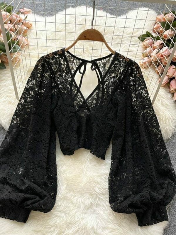 Y2K Vintage Lace Blouse with Lantern Sleeves