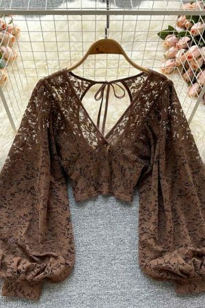 Y2K Vintage Lace Blouse with Lantern Sleeves