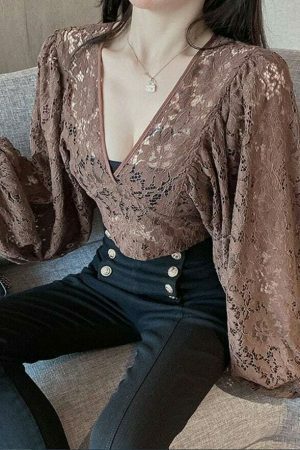 Y2K Vintage Lace Blouse with Lantern Sleeves