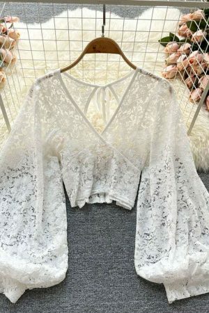 Y2K Vintage Lace Blouse with Lantern Sleeves