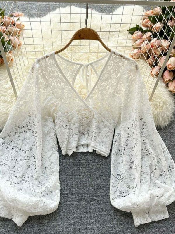 Y2K Vintage Lace Blouse with Lantern Sleeves