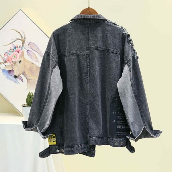 Y2K Vintage Newspaper Print Oversized Black Denim Jacket