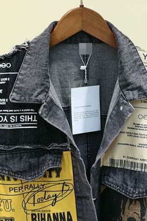 Y2K Vintage Newspaper Print Oversized Black Denim Jacket