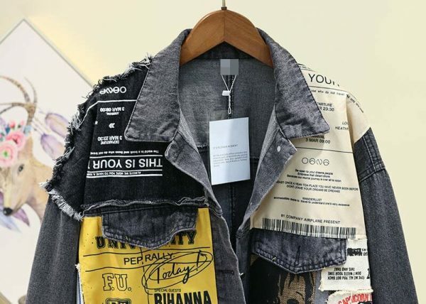 Y2K Vintage Newspaper Print Oversized Black Denim Jacket