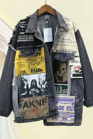 Y2K Vintage Newspaper Print Oversized Black Denim Jacket