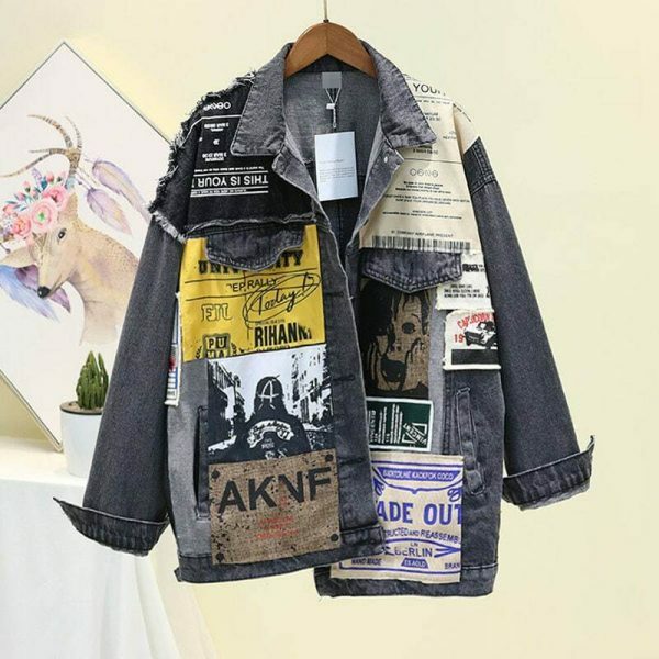 Y2K Vintage Newspaper Print Oversized Black Denim Jacket