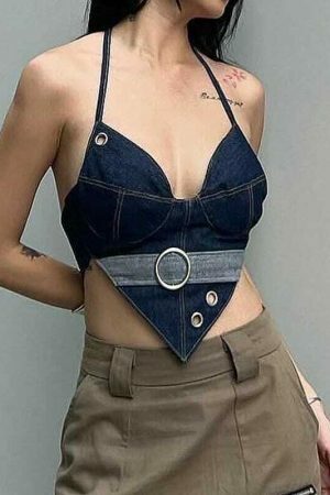 Y2K Vintage Patchwork Denim Halter Camis Streetwear Fashion Top