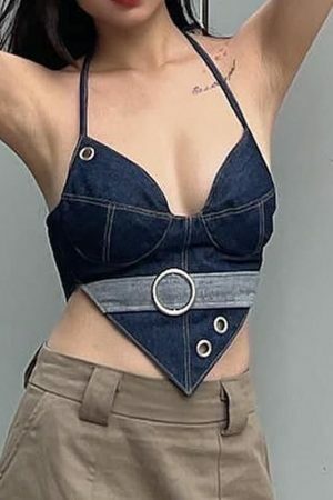 Y2K Vintage Patchwork Denim Halter Camis Streetwear Fashion Top