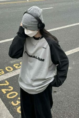 Y2K Vintage Patchwork Gray Long Sleeve Streetwear Shirt