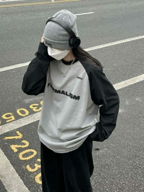 Y2K Vintage Patchwork Gray Long Sleeve Streetwear Shirt