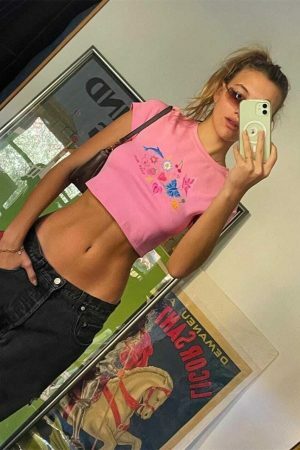 Y2K Vintage Pink Flower Print Crop Tee Fairy Grunge Harajuku Top