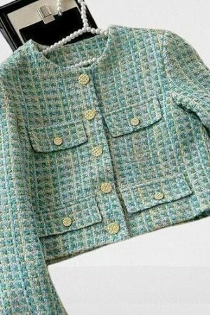 Y2K Vintage Plaid Tweed Streetwear Jacket