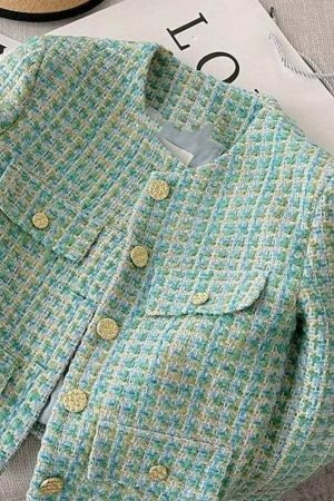 Y2K Vintage Plaid Tweed Streetwear Jacket