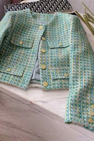 Y2K Vintage Plaid Tweed Streetwear Jacket