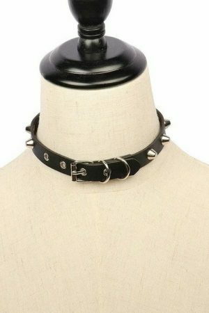 Y2K Vintage Punk Goth Studded Rivet Leather Choker Necklace with Spikes