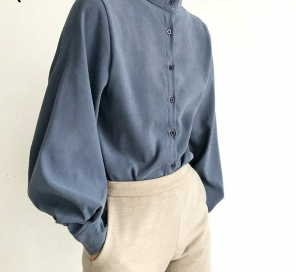 Y2K Vintage Stand Collar Blouse with Big Lantern Sleeves