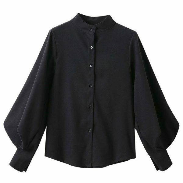 Y2K Vintage Stand Collar Blouse with Big Lantern Sleeves