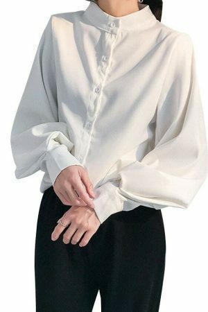 Y2K Vintage Stand Collar Blouse with Big Lantern Sleeves