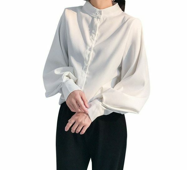 Y2K Vintage Stand Collar Blouse with Big Lantern Sleeves