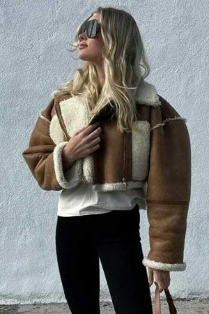 Y2K Vintage Streetwear Women's Faux Fur Lamb Jacket Warm Winter Coat