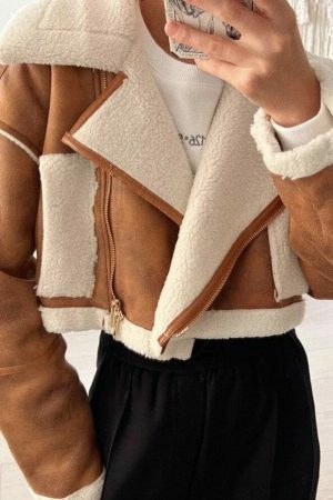 Y2K Vintage Streetwear Women's Faux Fur Lamb Jacket Warm Winter Coat