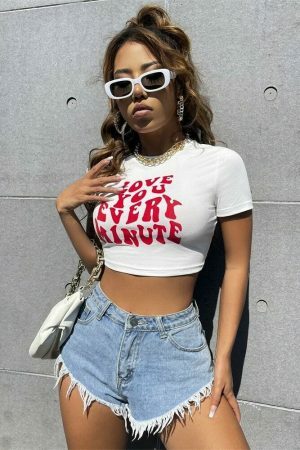 Y2K Wavy Text Slogan White Crop Tee - Trendy Streetwear Fashion