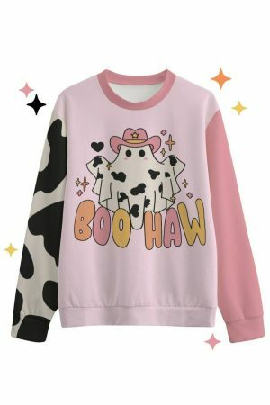 Y2K Western Ghost Halloween Cow Print Sweatshirt