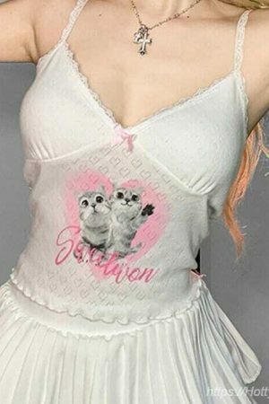 Y2K White Cat Graphic Crochet Corset Tank Top