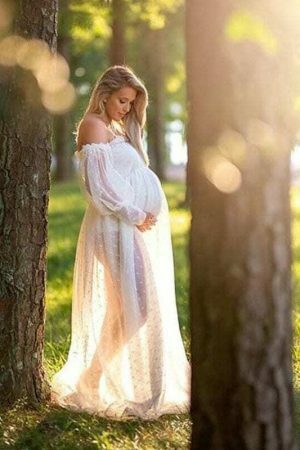 Y2K White Dot Tulle Maternity Dress with Lantern Sleeves