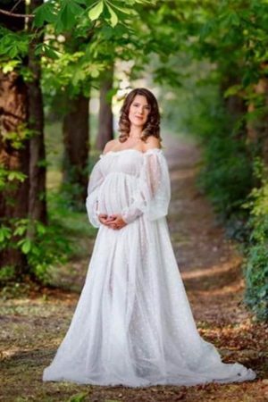 Y2K White Dot Tulle Maternity Dress with Lantern Sleeves