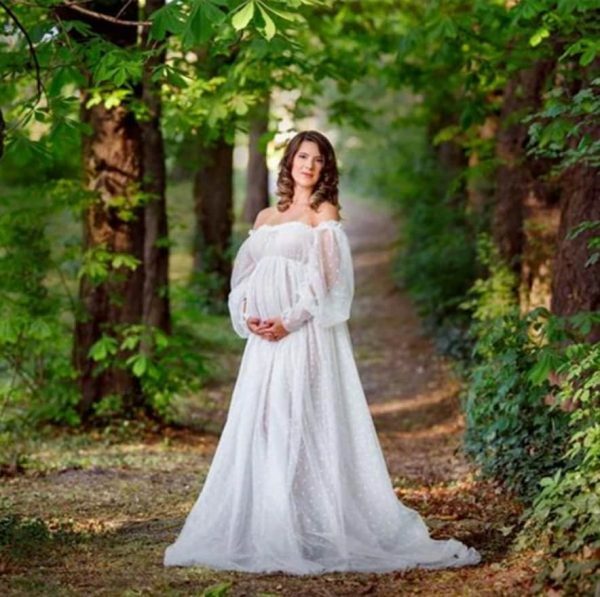 Y2K White Dot Tulle Maternity Dress with Lantern Sleeves