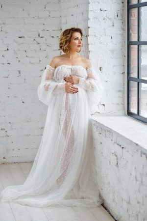 Y2K White Dot Tulle Maternity Dress with Lantern Sleeves