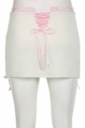 Y2K White Knitted Mini Skirt with Bow Trim & Back Slit